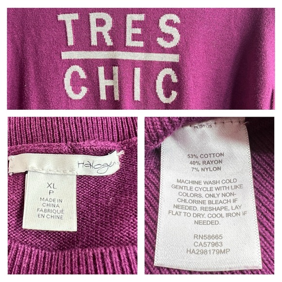 HALOGEN Pullover Sweater XL P Plum Purple Tres‎ Chic Graphic Crew Neck Graphic - Picture 3 of 7